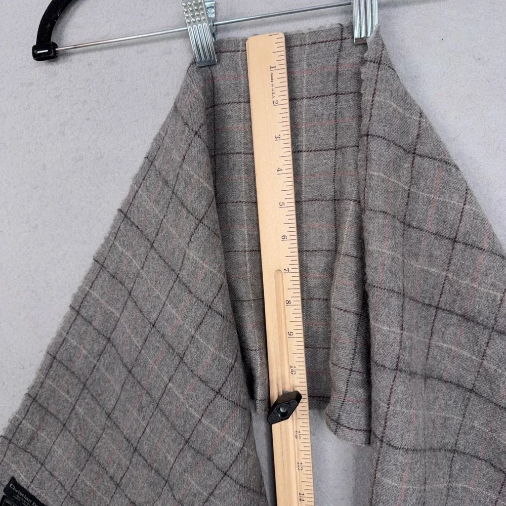 Christian Dior Scarf Mens One Size Gray Grid Merino Wool Fringed Luxury Designer